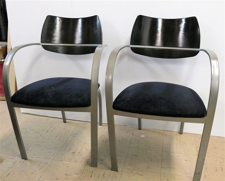 Pair of Modern Wood and Metal Side Chairs - Black Upholstery - Good Lines