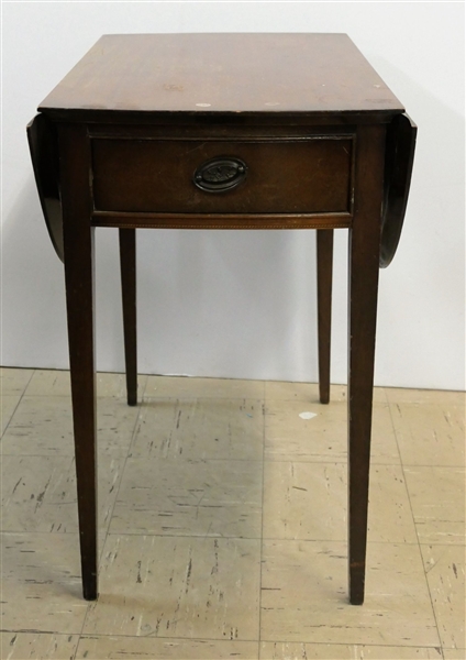 Mahogany Tapered Leg Drop Side End Table with Double Sided Drawer - Inlay Around Drawer Front - Some Finish Damage - Measures 26" Tall 27" by 17" Leaves Measure 11" 