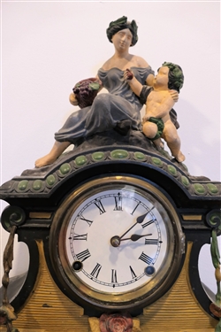 Cast Iron Clock with Figures on Top with Key and Pendulum - Measures 19 tall 15 by 4