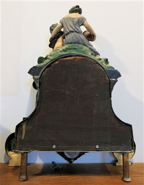 Cast Iron Clock with Figures on Top with Key and Pendulum - Measures 19 tall 15 by 4