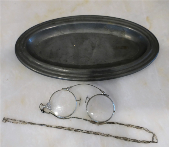Early Pewter Tray - Hallmarked and Pair of Folding Spectacles with Chain