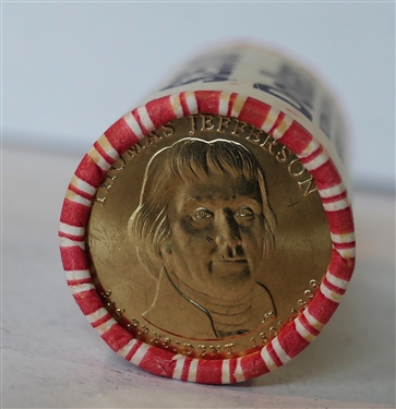 $25 Dollars Face Value of Uncirculated Thomas Jefferson Dollar Coins in Original Paper Roll