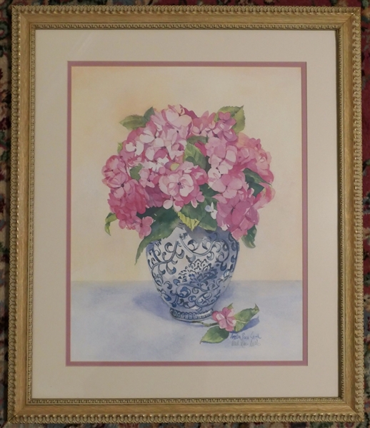 Amelia Rose Smith Artist Signed Print of Urn of Pink Hydrangeas - Framed and Double Matted - Frame Measures 25" by 21"