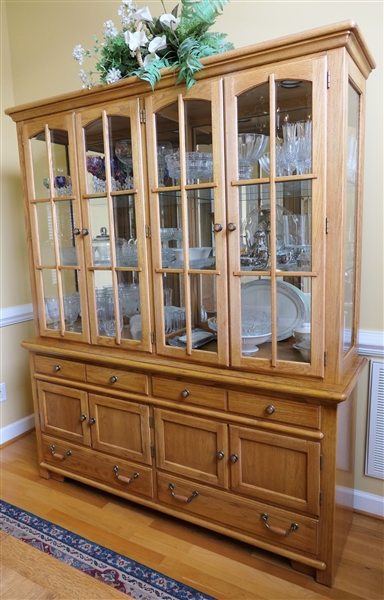 Thomasville Furniture Lighted Oak China Cabinet with Beveled Glass Doors - 4 Drawers and 2 Cabinets at Bottom - Glass Shelves - Cabinet Measures 80" tall 68" by 19" - Cabinet is in 2 Sections - NO...