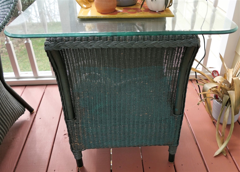 Hunter Green Wicker Side Table with Glass Top - Measuring 25" tall 27" by 22" No Contents