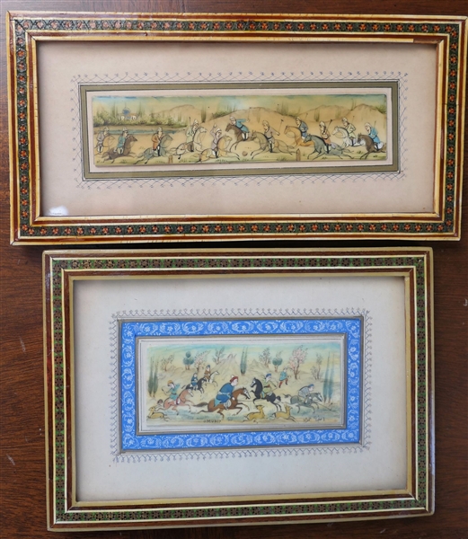 2 - Persian Paintings on Camel Bone in Micro Mosaic Frames - Hunt Scene Signed Mumi - Frame Measures 5 1/4" by 7 1/4" and Framed Polo Playing Scene Measures 4" by 8 1/4" 