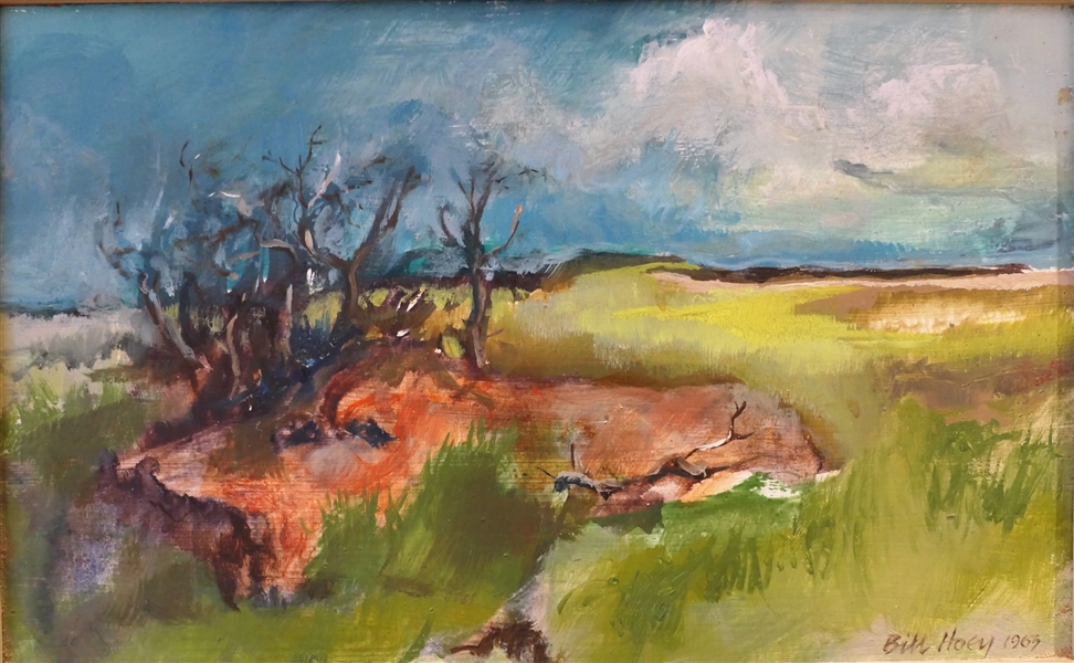 Artist Signed and Dated Bill Hoey 1963 Oil on Board Landscape Painting - Framed - Frame Measures 8 3/4" by 11 3/4" Art Work Measures 4 3/4" by 7 1/2" ( William Llewellyn Hoey- 1930-1994) 