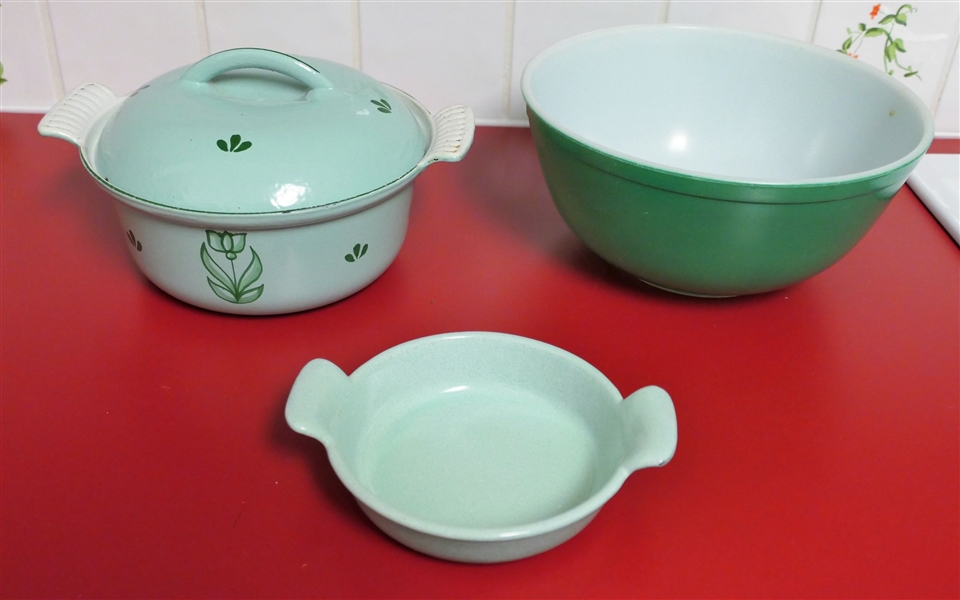 Green Pyrex Mixing Bowl and 2 Pieces of Cast Iron Enamel Cookware - Made in Holland Covered Dish Measures 7 1/2" Across