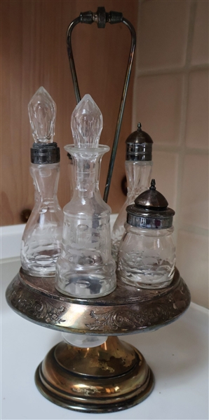 Victorian Silverplate Cruet Set with Etched Bottles - Measures 15" tall 8" Across