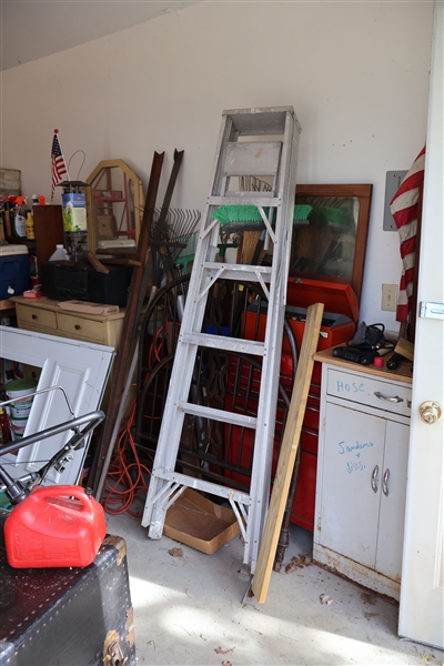 Ladder, Tool Box, Dresser, Cords, Broom, Etc. 