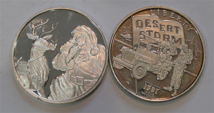 2 - .999 Fine Silver 1 Ounce Rounds - Desert Storm and Christmas 1994