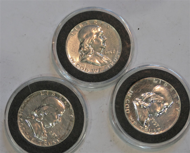 3 - 1957 Silver Ben Franklin Half Dollars in Plastic Holders 