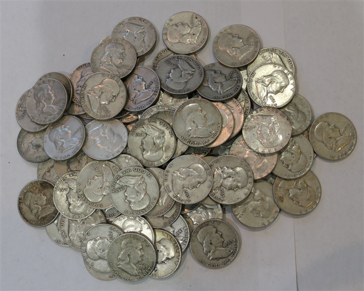Lot of 84 90% Silver Ben Franklin Half Dollars 