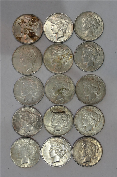 Lot of 15 1922 Peace Silver Dollars - 1 - D Mint Mark, 5 - S Mint Marks, and 9 With No Mint Marks