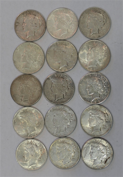 Lot of 15 1923 Peace Silver Dollars - 9 - S Mint Marks and 6 with No Mint Mark