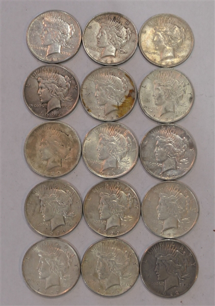 Lot of 15 1922 Peace Silver Dollars - 2- D Mint Marks, 1 - S Mint Mark, and 12 - with No Mint Marks