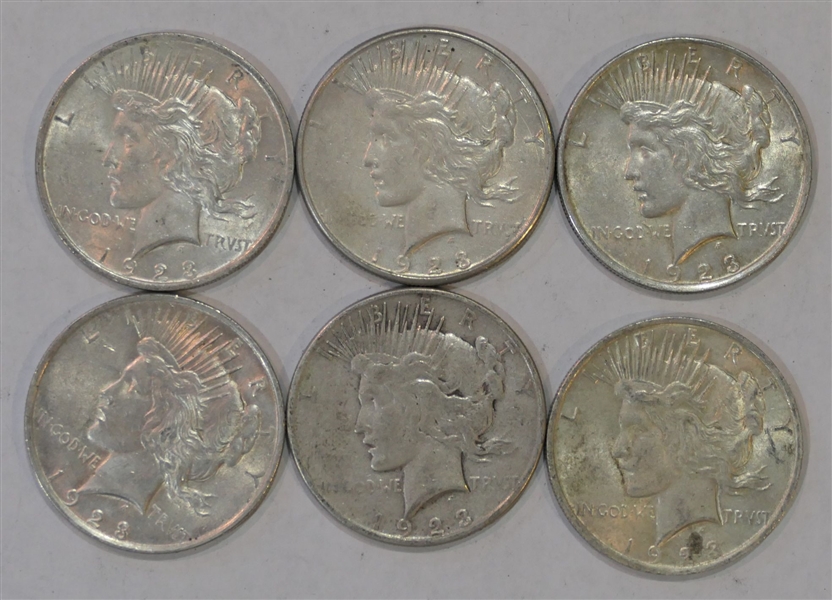 6 -1923 Peace Silver Dollars 2- S Mint Marks and 4 with out mint marks