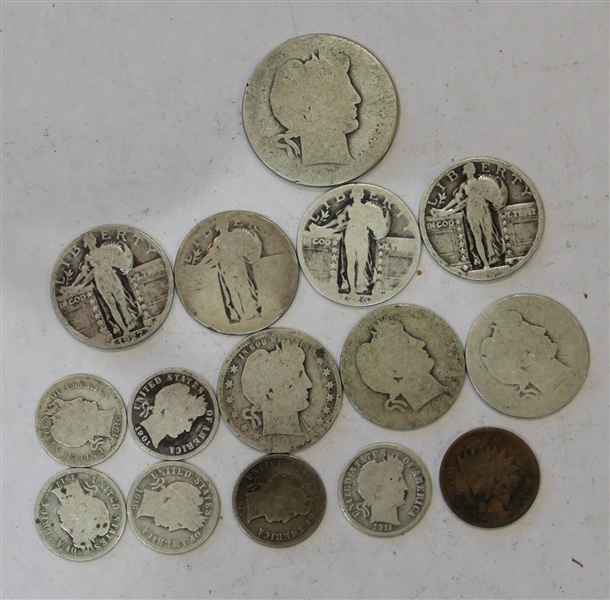 Lot of Coins including 1 Silver Half Dollar, 4 Standing Liberty Quarters, 6 Barber Dimes, 3 Barber Quarters, and 1 Indian Head Penny - Silver Coins Are Worn 