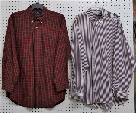 2 Ralph Lauren Mens Button Down Shirts Red and Black Yarmouth Size 17 1/2 - 34 - 45 and Burgundy Stripe Size XL - Some Discoloration to inside Collar