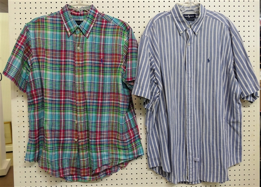 2 Ralph Lauren Mens Button Down Short Sleeve Shirts - Colorful Linen Size XL and Blue and White Stripe Size XL 