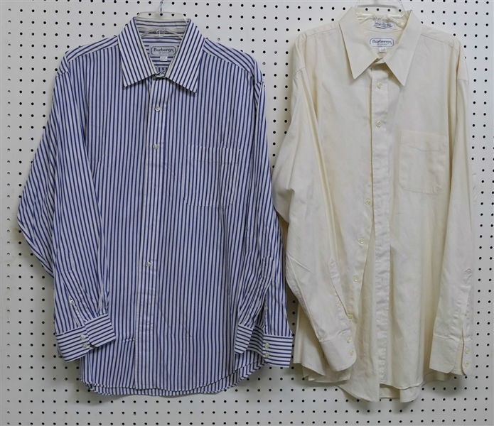 2 Burberrys of London Button Down Shirts - Blue Striped 17- 34 and White 17 1/2 - 36 - Blue Striped Has Some Discoloration at Collar