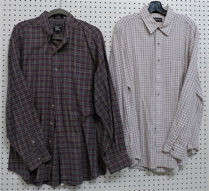 2 Burberrys London Button Down Shirts - Size XL - White with Red and Blue and Eggplant Colored with Green and Cream- Top Button is Broken 