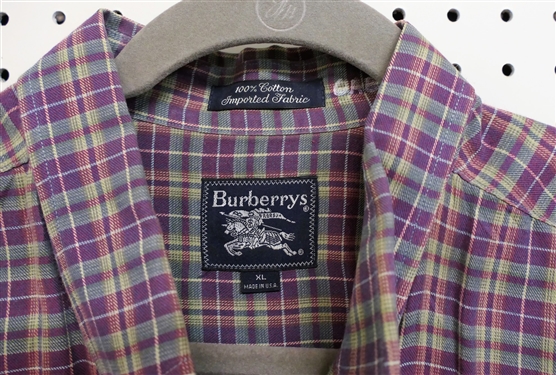 2 Burberrys London Button Down Shirts - Size XL - White with Red and Blue and Eggplant Colored with Green and Cream- Top Button is Broken 