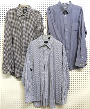 3 Burberrys of London Button Down Shirts - Green and Purple Check Size XL, Burberry Blue and White Tiny Check - Size XL, and White with Purple Check - Size XL - Some Discoloration to Collars