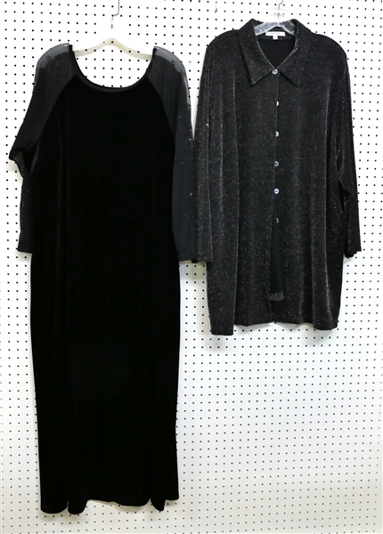 Karen Kane Lifestyle Black Velvet Dress with Shear Sleeves - Size 3X and Karen Kane Silver Metallic Button Down Blouse -Size 2X - Stain on Sleeve