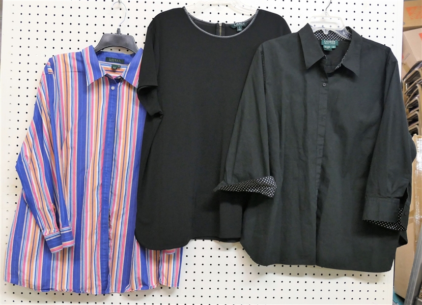 3 Lauren Ralph Lauren Blouses - 1 Short Sleeve Size 3X, Black Button Down Size 2X, and Blue and Pink Striped Size 3X