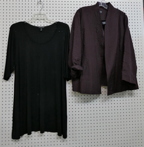 Eileen Fisher Black Short Sleeve Tunic - Size XL and Eileen Fisher Woman Burgundy Button Down Shirt with Matching Shell - Size Missing