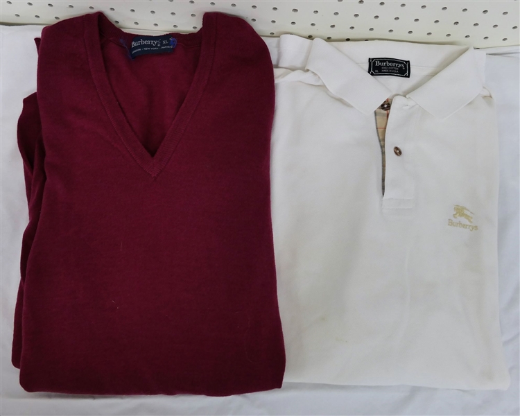 Burberry Short Sleeve White Polo Shirt and Size XL and Burgundy Merino Burberry Sweater Size XL 