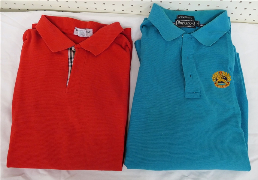 2 Burberry Short Sleeve Polo Shirts -Red with Plaid Trim and Teal - Both Size XL 