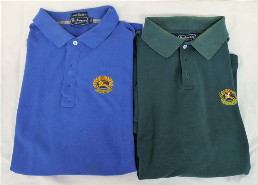 2 Burberry Short Sleeve Polo Shirts - Blue and Hunter Green - Both Size XL - Some Discoloration to Green Collar 
