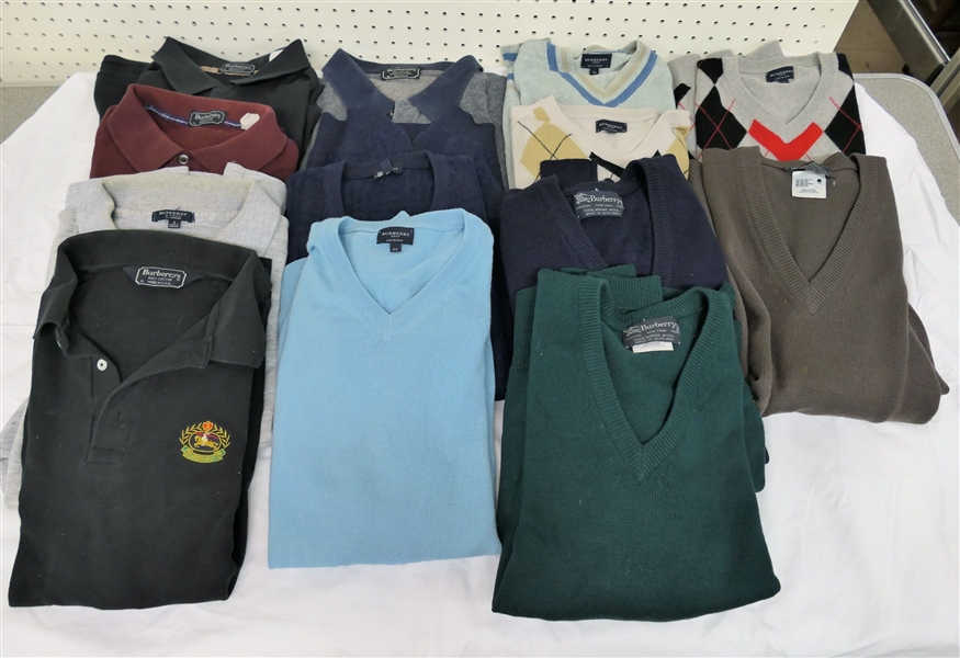 13 Mens Burberry Sweaters and Shirts - Some Staining, Pilling, and Mending - Wearable but with some defects- All Size XL 