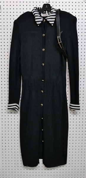 Vintage St. John - Marie Gray  - Dress with Leather Belt - Black and White Striped Collar - Size 12 - 