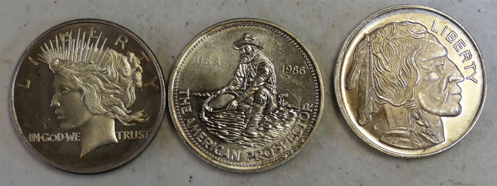 3 - 1 Ounce .999 Silver Coins - American Prospector, Peace Dollar Replica, and Buffalo Nickle Replica 