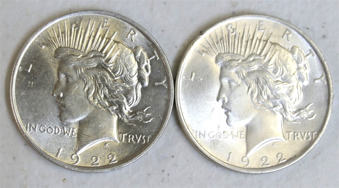 2 -1922 Peace Silver Dollars - Fine Condition