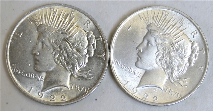 2 -1922 Peace Silver Dollars - Fine Condition