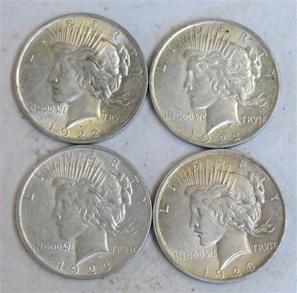 4 - 1923 Peace Silver Dollars - 1 S and 1 D 