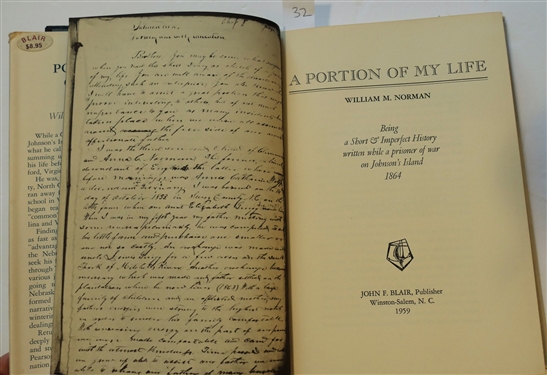 A Portion Of My Life - Being a Short & Imperfect History Written While a Prisoner of War on Johnson's Island 1864 by William M. Norman - Published in Winston Salem, NC 1959 - Hardcover Book with...