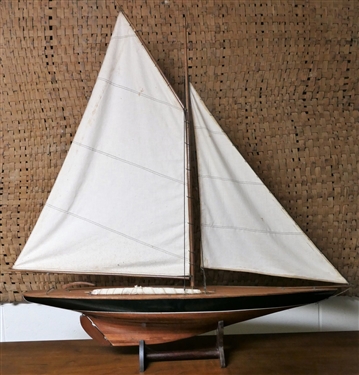 Large Vintage Hand Crafted - Wood Sail Boat in Stand - Measures 40" tall 38" Long