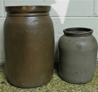1 1/2" Gallon Stone Crock with Incised Mark and Smaller Crock with Crack and Chip - 1 1/2 Has Small Chip on Rim - Largest Crock Measures 11" Tall