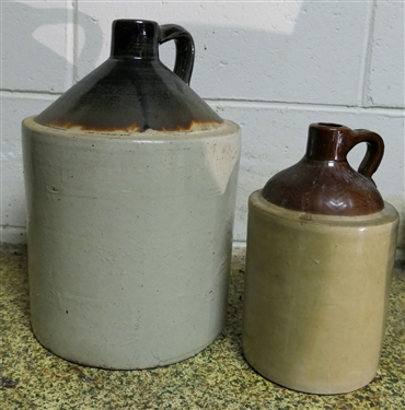2 Brown and White Jugs - Both Perfect - Smaller Has Designs on Brown Top - Largest Jug Measures 13" Tall 