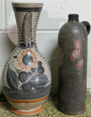 Hand Decorated Mexican Pottery Vase and Hand Painted German Pottery Jug with Flowers - German Piece Has Been Repaired - Vase Measures 12 1/2" Tall - Vase Has Small Chip on Inside Rim of Vase