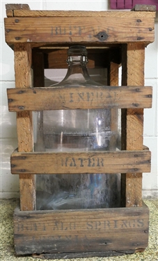 Buffalo Mineral Water -  Buffalo Springs Virginia  - Glass Water Bottle in Original Wood Crate - Stenciled on 2 Sides - Wood Crate Has Hinged Lid -Crate Measures 22" tall 12" by 12"