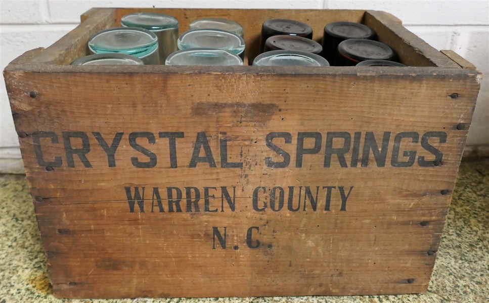 Crystal Springs - Warren County NC - Wood Crate Full of Antique Bottles - Name on All 4 Sides - Original Wood Divider - 2 Brown Bottles Marked "SB&C Company" others "This Bottle is Not To Be Sold"...