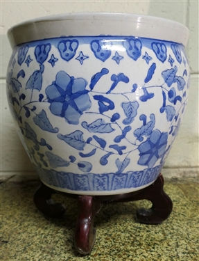 Blue and White Asian Style Planter on Wood Stand - Planter Measures - 8 1/2" Tall 10" Across