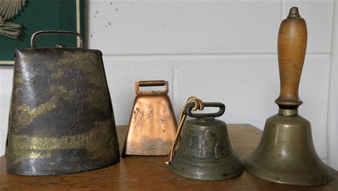 Collection of Bells including Cow Bells, School Bell, and Brass Bell marked 1878 Saignelecier - Largest Cow Bell Measures 5 1/2" tall 4" Across