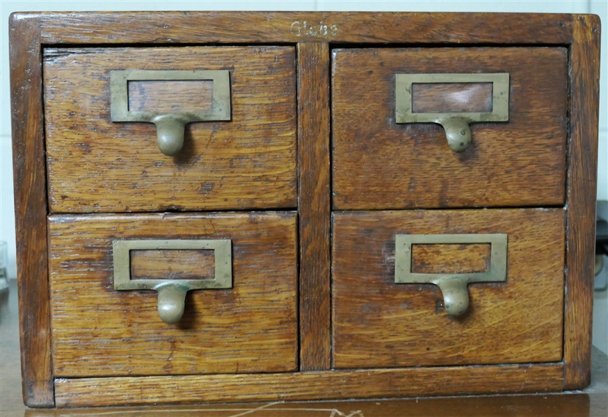 Globe Oak 4 Drawer Index Card File Cabinet -Dovetailed Case - With Contents - Vintage Cassette Tapes and CDs - Cabinet Measures 9 1/2" tall 16" by 14"